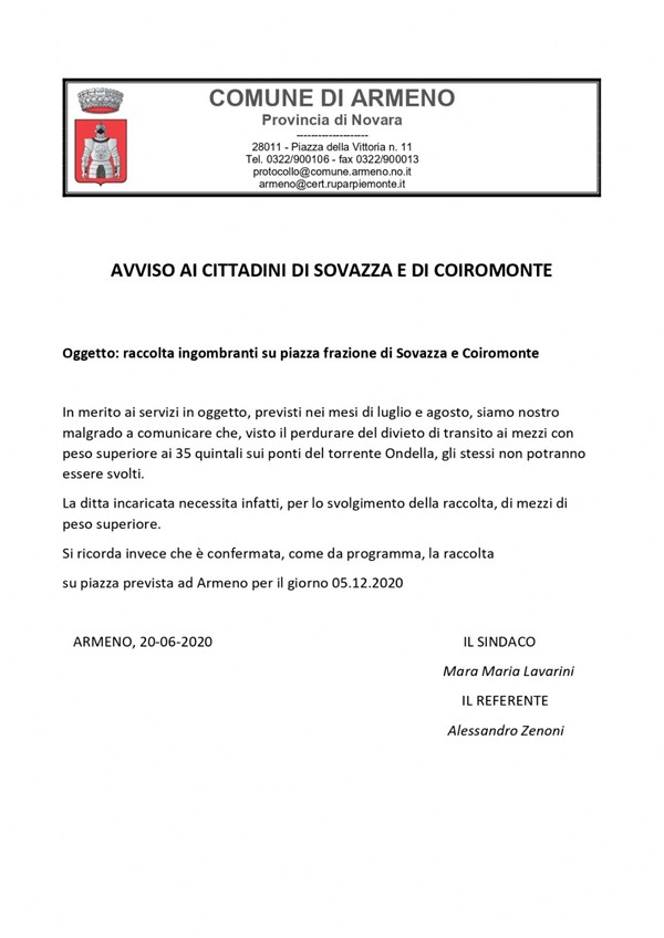 ANNO 2020: RACCOLTA INGOMBRANTI